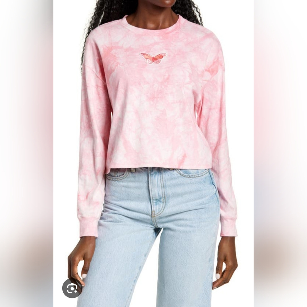 All in Favor Women's Pink Tie-Dye Long Sleeve Cropped T-Shirt Size XL